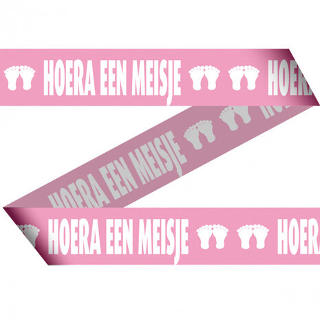 afzetlint Hoera een meisje 15 meter roze/wit