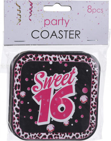 onderzetters Sweet Sixteen 10 cm karton zwart/roze 8 stuks