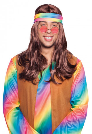 pruik met hoofdband Hippie polyester bruin one-size