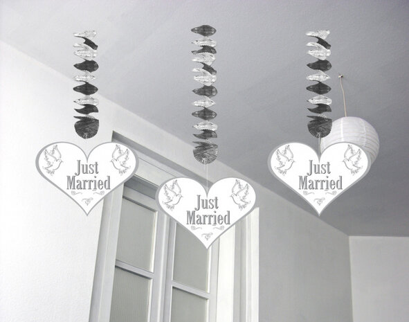 hangdecoratie Just Married 75 cm wit/zilver 3 stuks