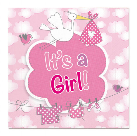servetten &#039;It&#039;s a Girl&#039; 25 cm papier roze/wit 20 stuks