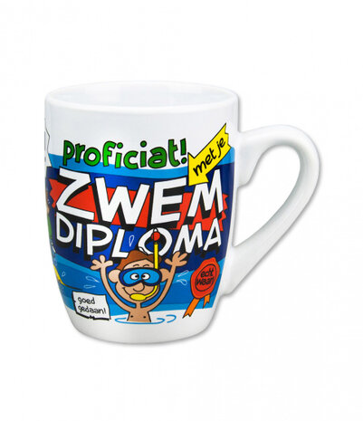 mok cartoon zwemdiploma keramiek 325ml blauw/wit