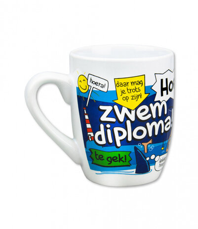 mok cartoon zwemdiploma keramiek 325ml blauw/wit