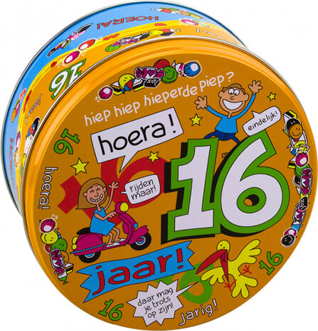 snoeptrommel 16 jaar junior 14 x 7,5 cm ijzer oranje
