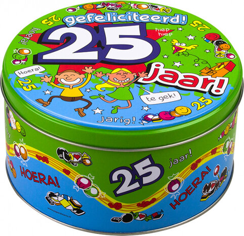 snoeptrommel 25 jaar 14 x 7,5 cm ijzer groen
