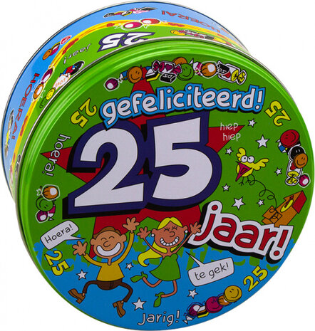 snoeptrommel 25 jaar 14 x 7,5 cm ijzer groen
