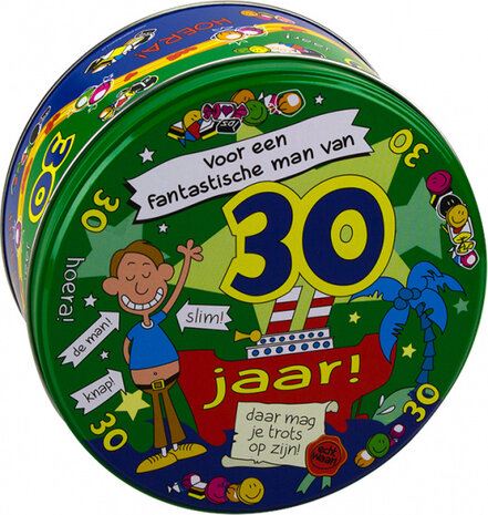 snoeptrommel 30 jaar man 14 x 7,5 cm ijzer groen