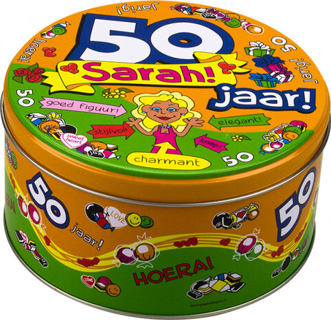 snoeptrommel 50 jaar Sarah 14 x 7,5 cm ijzer oranje