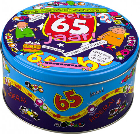 snoeptrommel 65 jaar 14 x 7,5 cm ijzer blauw