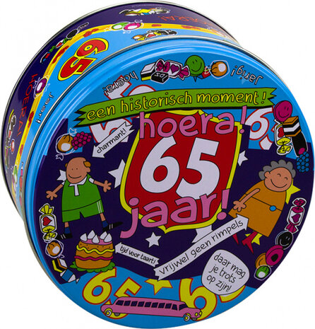 snoeptrommel 65 jaar 14 x 7,5 cm ijzer blauw