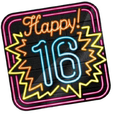 huldeschild Neon 16 Jaar 50 x 50 cm karton zwart