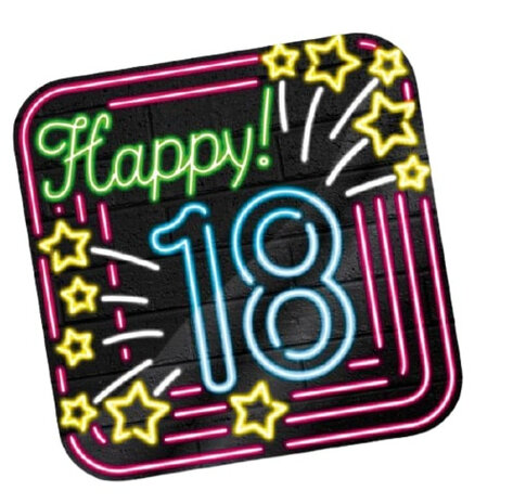 huldeschild Neon 18 Jaar 50 x 50 cm karton zwart
