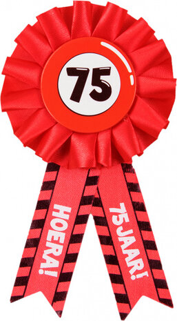 rozet Hoera 75 Jaar 15 x 8 cm polyester rood