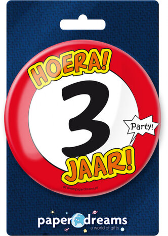 button Hoera! 3 jaar! junior 10 cm staal rood/wit