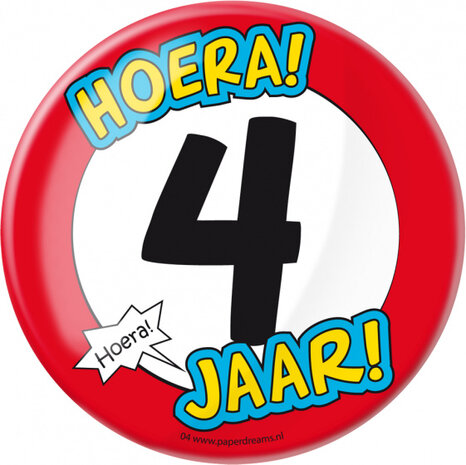 button Hoera! 4 jaar! junior 10 cm staal rood/wit