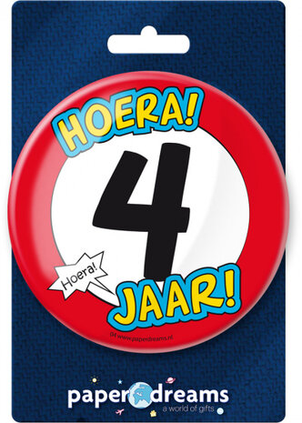 button Hoera! 4 jaar! junior 10 cm staal rood/wit