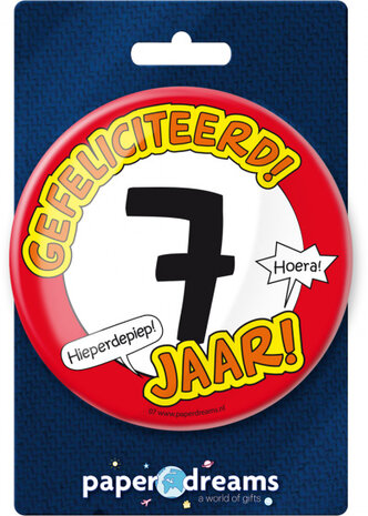 button Gefelicieerd! 7 jaar! 10 cm staal rood/wit