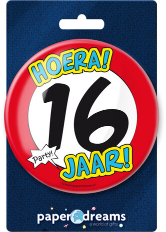 button Hoera! 16 jaar! junior 10 cm staal rood/wit