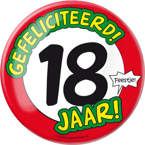 button Gefeliciteerd! 18 jaar! 10 cm staal rood/wit
