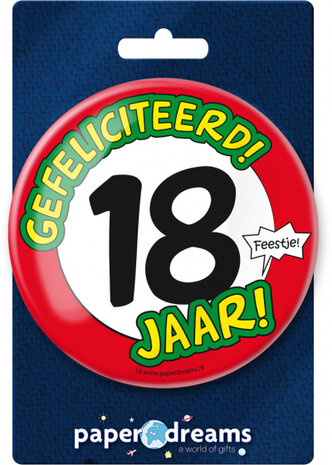 button Gefeliciteerd! 18 jaar! 10 cm staal rood/wit