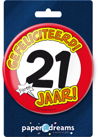 button Gefeliciteerd! 21 jaar! 10 cm staal rood/wit