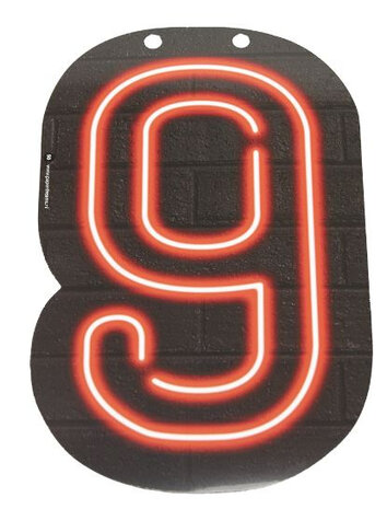 slingercijfer Neon 9 karton 24 cm zwart/rood