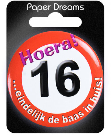 button Hoera! 16 junior 5,5 cm staal rood/wit