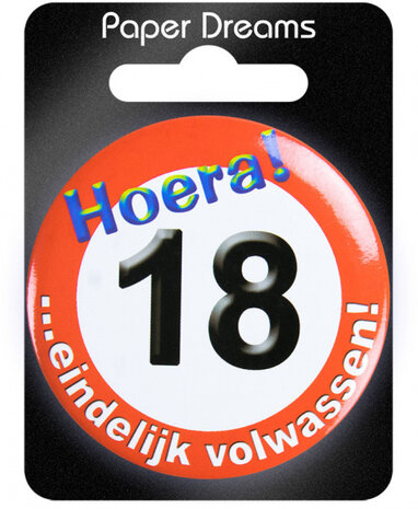 button Hoera! 18 5,5 cm staal rood/wit