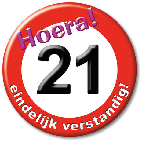 button Hoera! 21 5,5 cm staal rood/wit
