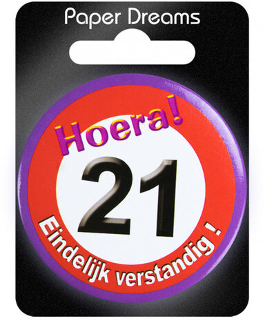 button Hoera! 21 5,5 cm staal rood/wit