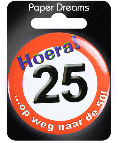 button Hoera! 25 5,5 cm staal rood/wit