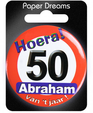 button Hoera! 50 Abraham heren 5,5 cm staal rood/wit