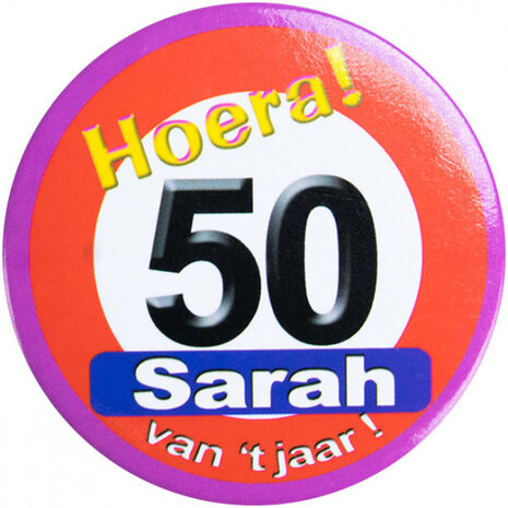 button Hoera! 50 Sarah dames 5,5 cm staal rood/wit