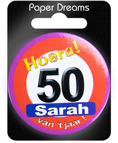 button Hoera! 50 Sarah dames 5,5 cm staal rood/wit