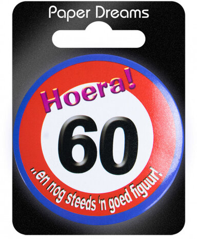 button Hoera! 60 5,5 cm staal rood/wit