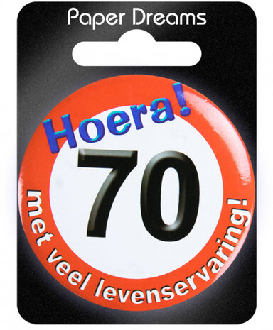 button Hoera! 70 5,5 cm staal rood/wit