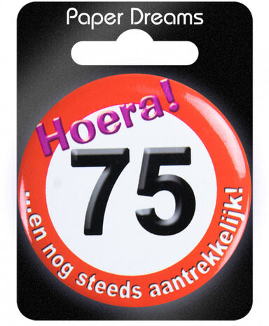 button Hoera! 75 5,5 cm staal rood/wit