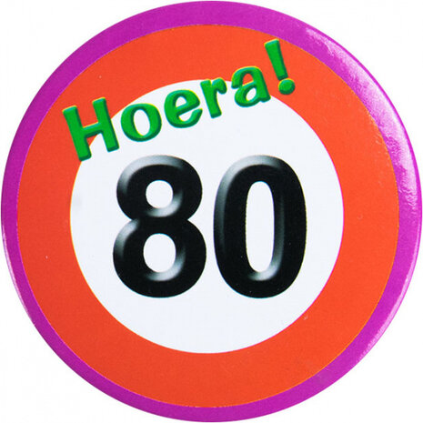 button Hoera! 80 5,5 cm staal rood/wit