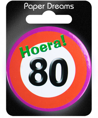 button Hoera! 80 5,5 cm staal rood/wit