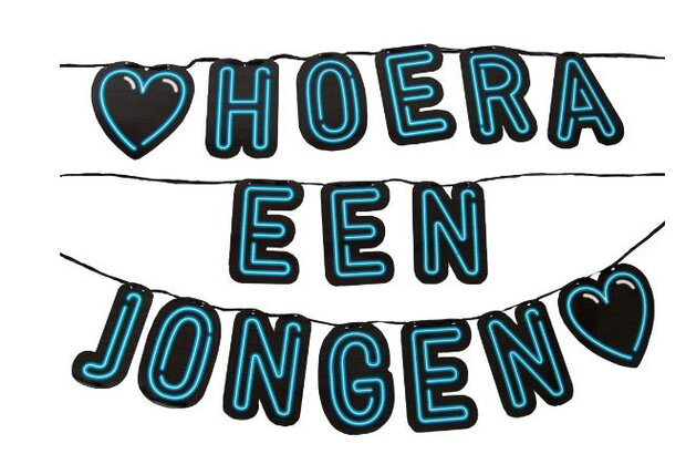slinger Neon Hoera een jongen karton zwart/blauw