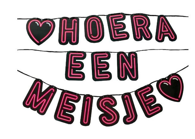 slinger Neon Hoera een meisje karton zwart/roze