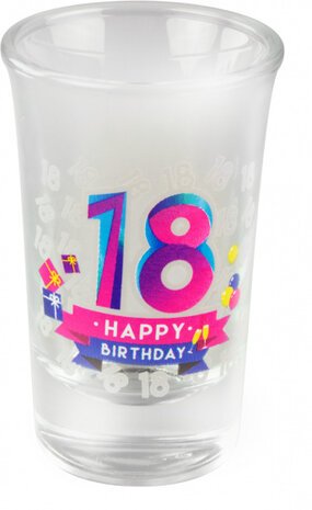 shotglaasjes Happy 18 jaar 30 ml glas 6 stuks