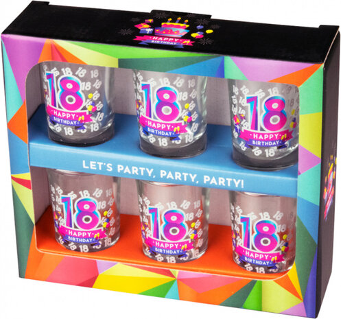 shotglaasjes Happy 18 jaar 30 ml glas 6 stuks
