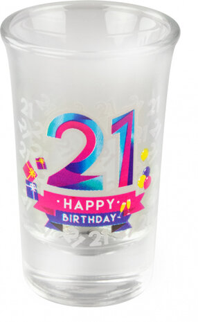 shotglaasjes Happy 21 jaar 30 ml glas 6 stuks