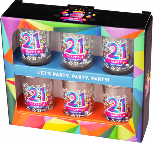 shotglaasjes Happy 21 jaar 30 ml glas 6 stuks