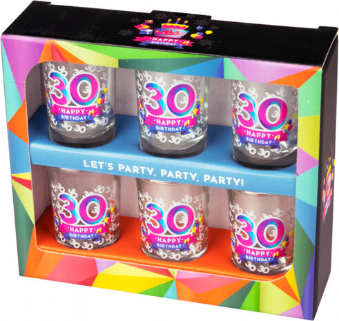 shotglaasjes Happy 30 jaar 30 ml glas 6 stuks