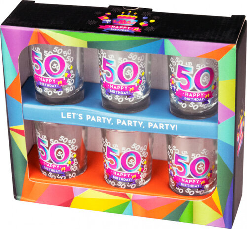 shotglaasjes Happy 50 jaar 30 ml glas 6 stuks