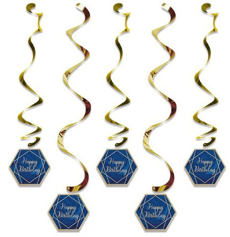 hangdecoratie Happy Birthday 99 cm navy/goud 5 stuks