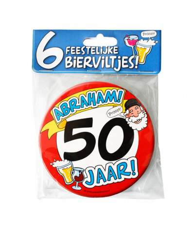 bierviltjes 50 jaar 10 cm karton rood/wit  6 stuks