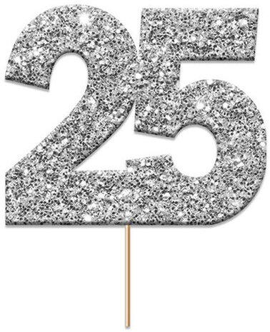 caketopper &#039;25&#039; glitter 4 cm karton zilver 12 stuks